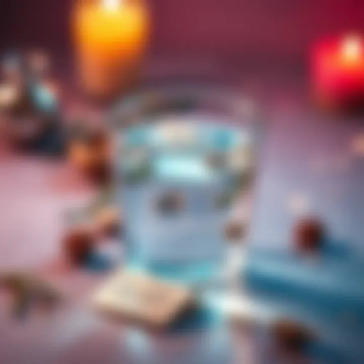 A clear cup filled with water, surrounded by herbs and a small piece of paper with a written intention, symbolizing candle magic alternatives.