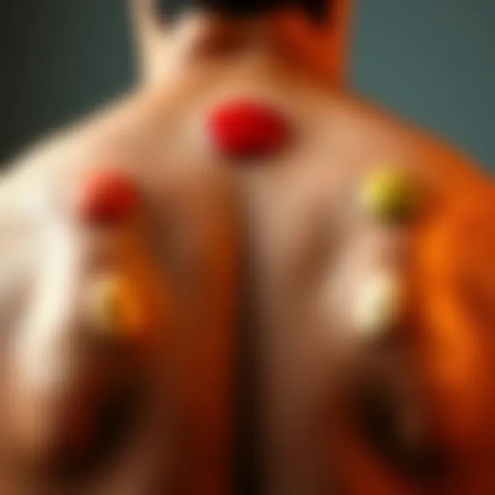 Close-up of a person's back showing different colored cupping marks after therapy session, indicating health status