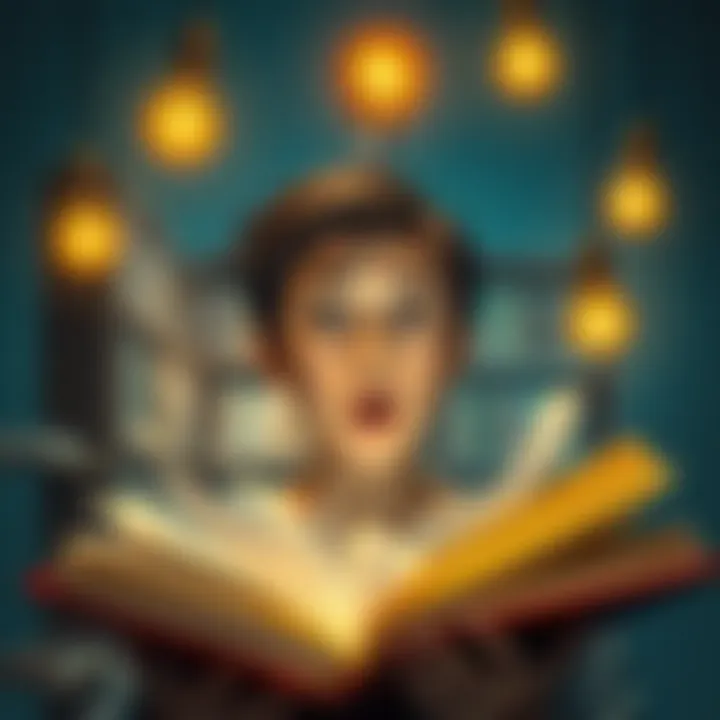 A person looking surprised while reading a book filled with intriguing facts, with light bulbs symbolizing new ideas above their head.