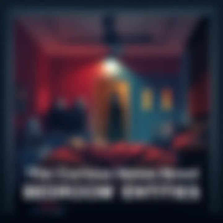 Illustration of various spooky figures like the Hat Man and Doorway Lurker in a dimly-lit bedroom setting