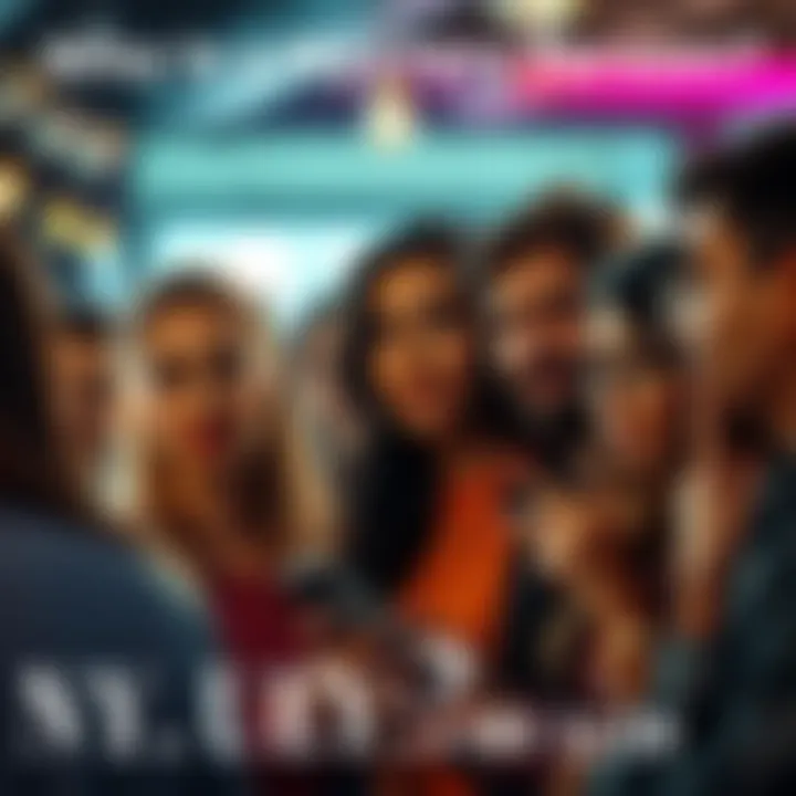 Curious Crowd Discussing A group of people engaged in conversation, looking intrigued and discussing a mystery person, with expressions of curiosity on their faces.