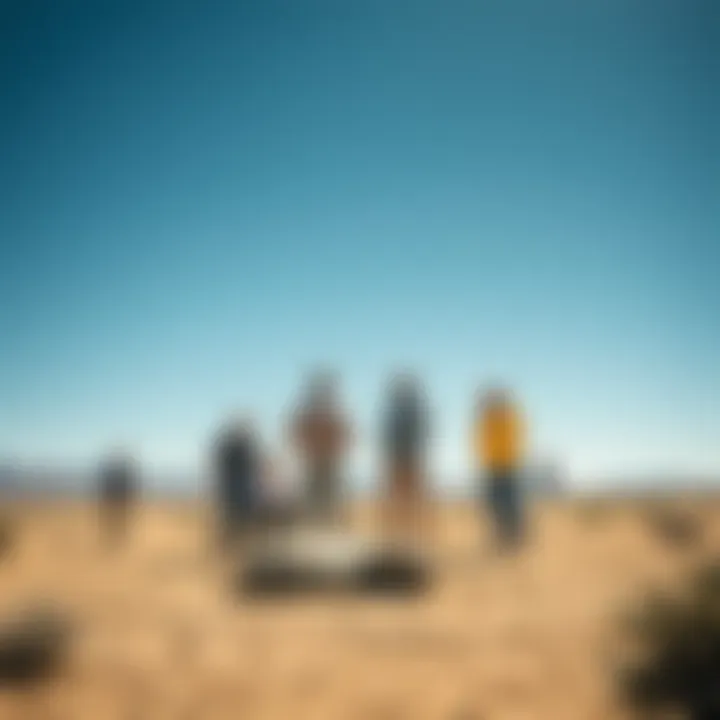 People examining a strange object in the California desert under a clear blue sky