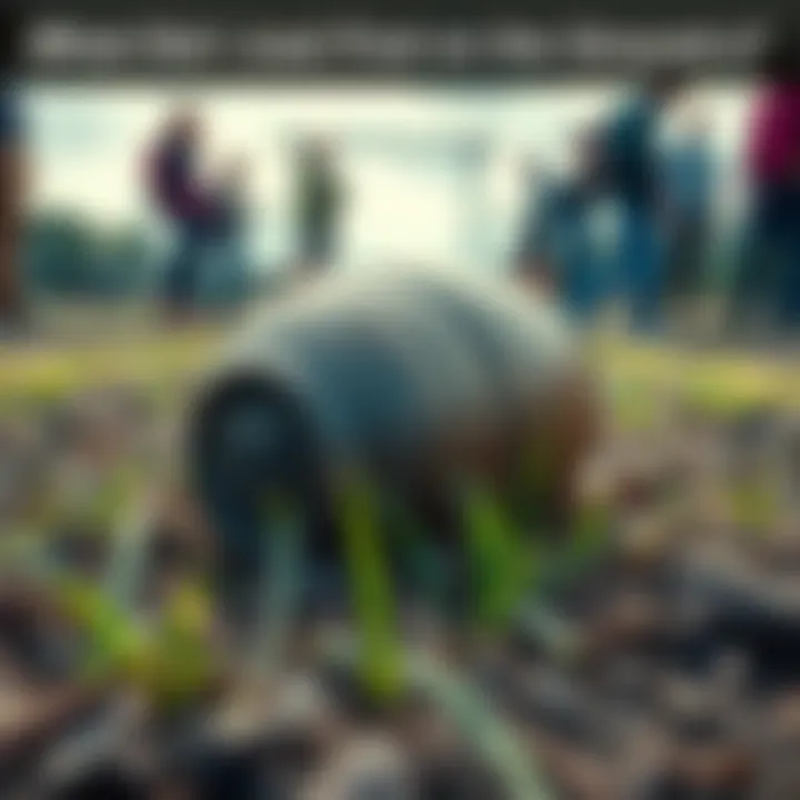 A close-up view of a strange object found on the ground, surrounded by grass and dirt, with people discussing it nearby.