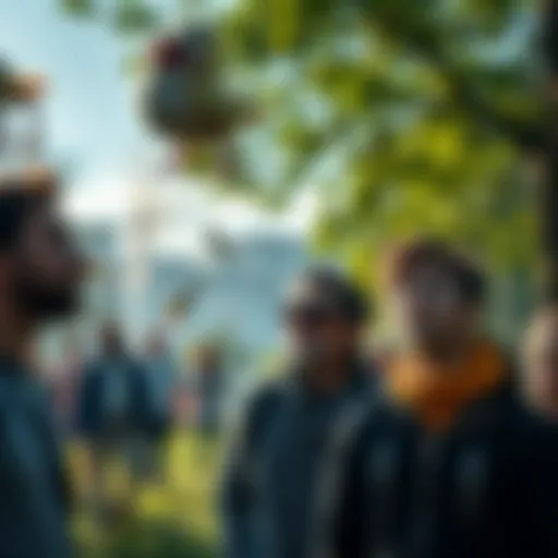 A group of people observing unusual natural occurrences in a park setting, showing expressions of wonder and curiosity.