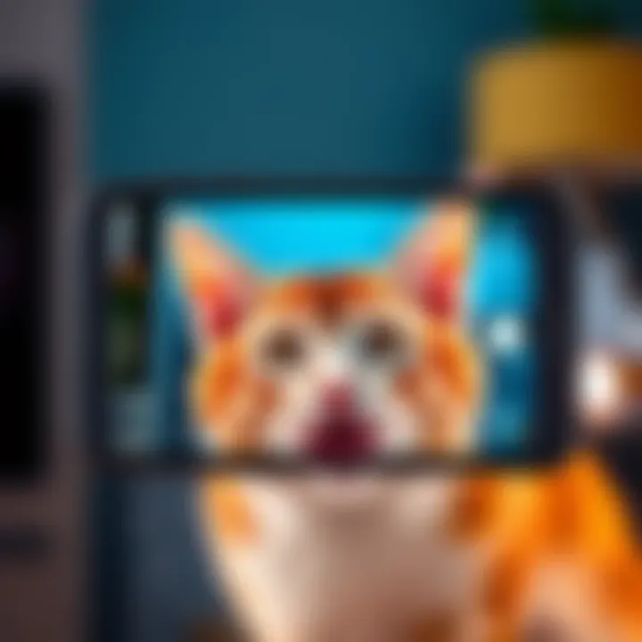 A smartphone screen displays a strange camera notification, with a playful cat in the background looking surprised.