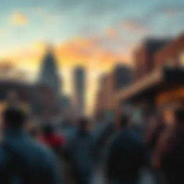 A group of people gathered on a street in Salt Lake City, looking up at the sky, intrigued by an unseen event.