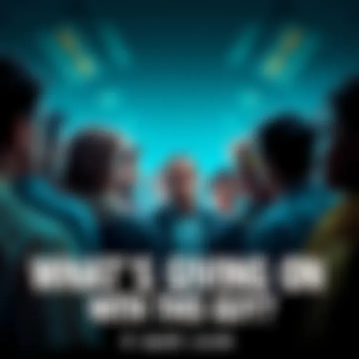 People gathered, looking intrigued at a mysterious figure in the center, discussing and pointing with expressions of curiosity.