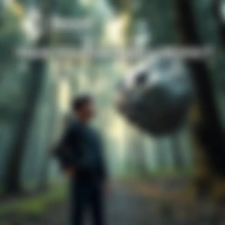 A person looking surprised at a strange creature A person standing in a forest, staring at a creature that resembles a rock but has eyes and a mouth