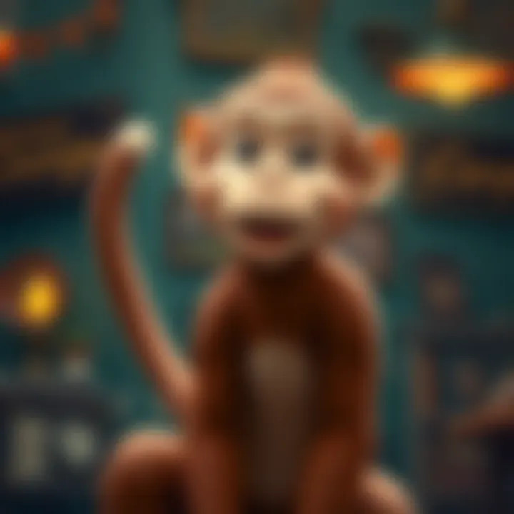 Curious George with a Tail Curious George, the playful monkey, is shown smiling with a distinct tail, surrounded by nostalgic elements from his adventures.