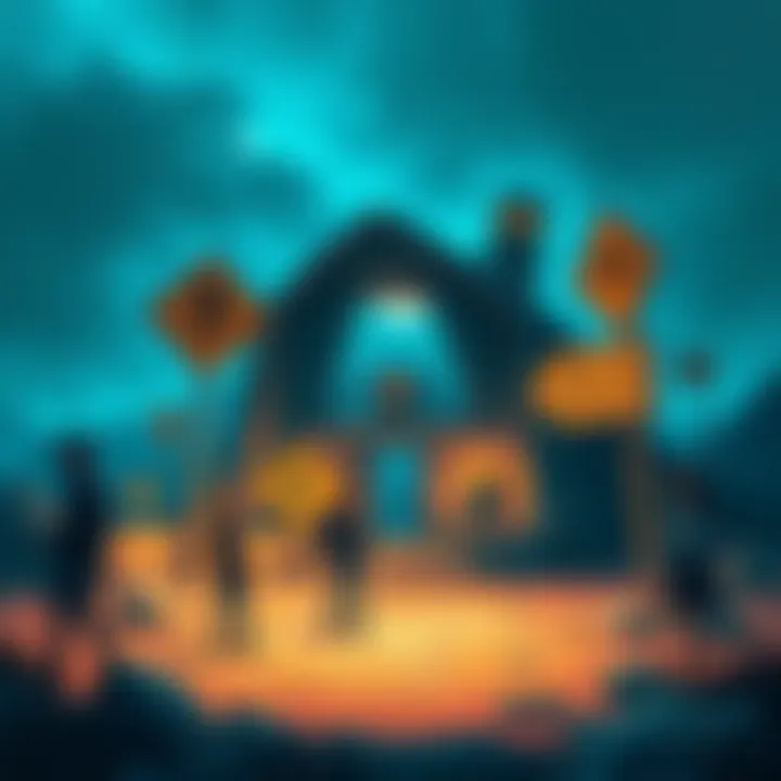 A mysterious place with strange signs and curious people gathering around