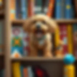 A playful noodle exploring a colorful bookshelf filled with books and toys, showcasing a joyful moment between pet and owner.