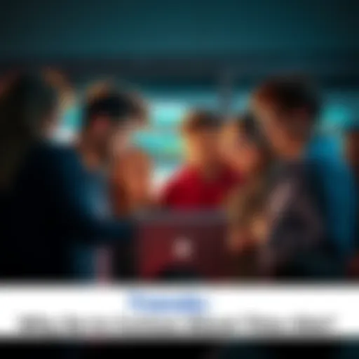 A group of diverse people gathered around a laptop, intrigued by a website on the screen. They appear engaged and interested, discussing what they see.