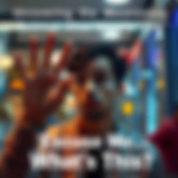 A curious individual looking at an object with a puzzled expression, raising their hand as if to ask a question, in a casual setting.