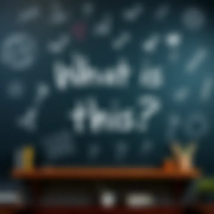 A chalkboard with the question 'What is this?' written on it, surrounded by doodles and symbols representing various interpretations.