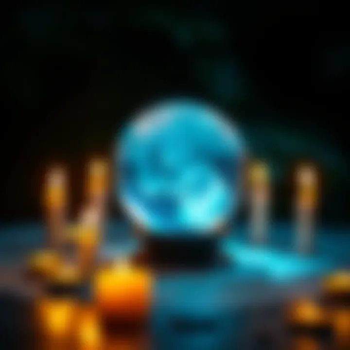 Crystal Ball and Candles A crystal ball surrounded by lit candles, representing spells and beliefs in magic.