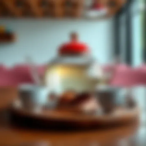 Curious Teapot on Table A close-up of a colorful teapot with two identical teacups beside it on a wooden table.