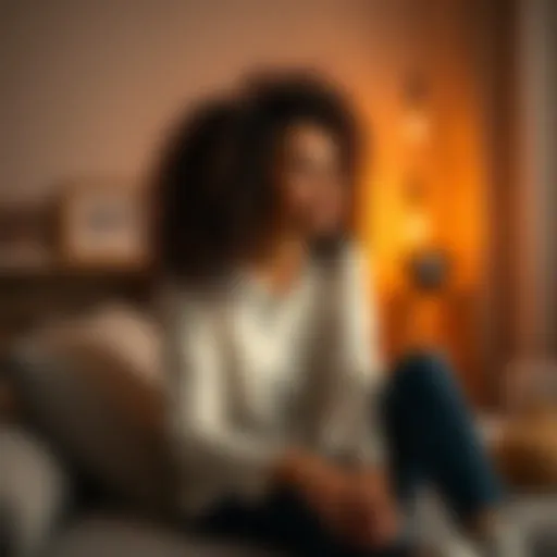 A woman with curly hair sitting in a cozy room, listening to subliminal audio focused on hair growth.
