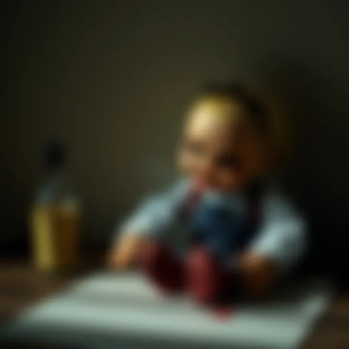 A doll with a sinister expression sits on a table, symbolizing a daughter's pain and her father's struggles with alcohol. Shadows cast around the doll create a haunting atmosphere.