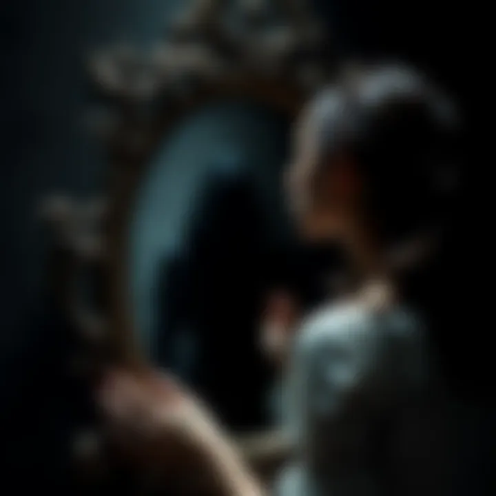 A woman looking into a dark, ancient mirror that distorts her reflection, with a shadowy figure lurking behind her.
