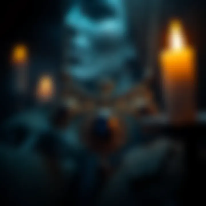 Cursed Necklace A close-up of an ornate necklace with dark stones, surrounded by eerie shadows and candles, hinting at its haunted history.