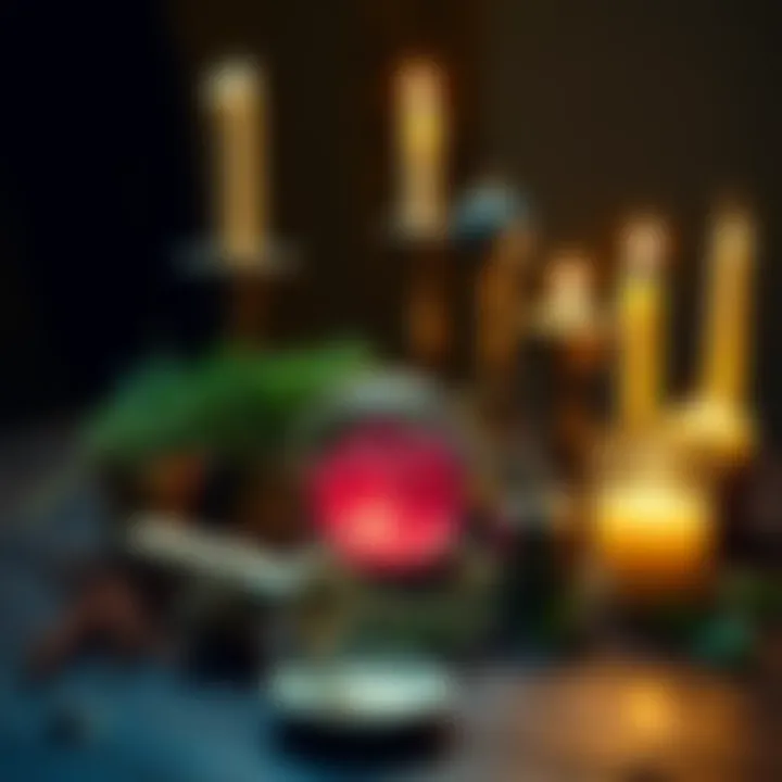 Cursed Objects in Witchcraft A collection of objects believed to be cursed, including a crystal ball, herbs, and candles on a wooden table.