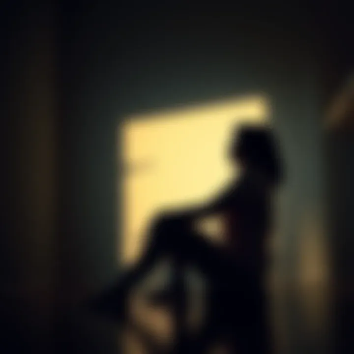 A woman sitting in a dim room, reflecting her struggles with fibromyalgia, with shadows representing her feelings of despair.