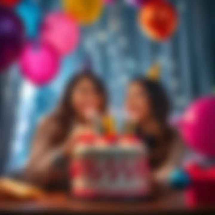 Two friends celebrating their shared birthday with cake and balloons, highlighting the joy of cusp birthdays.