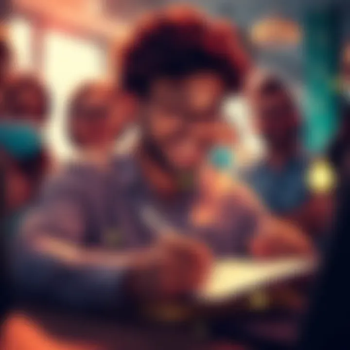 A person smiling while writing personalized affirmations on a notepad, surrounded by friends and positive energy symbols.