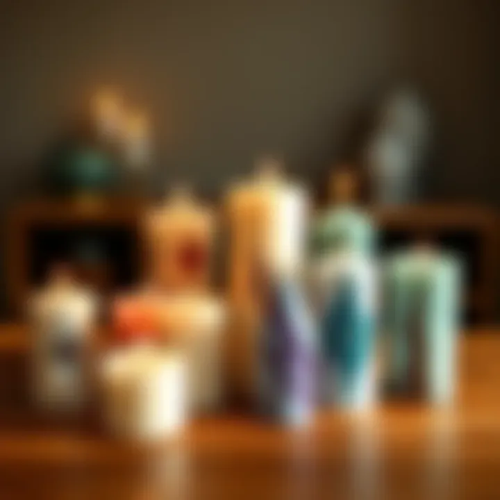 A variety of handmade candles designed for spiritual work, featuring unique inlays and colors, displayed on a wooden table.