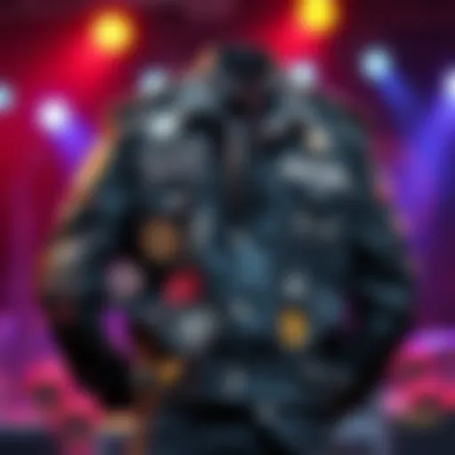 A stylish custom metal battle jacket adorned with various patches and pins representing different bands and music styles, displayed against a concert background.