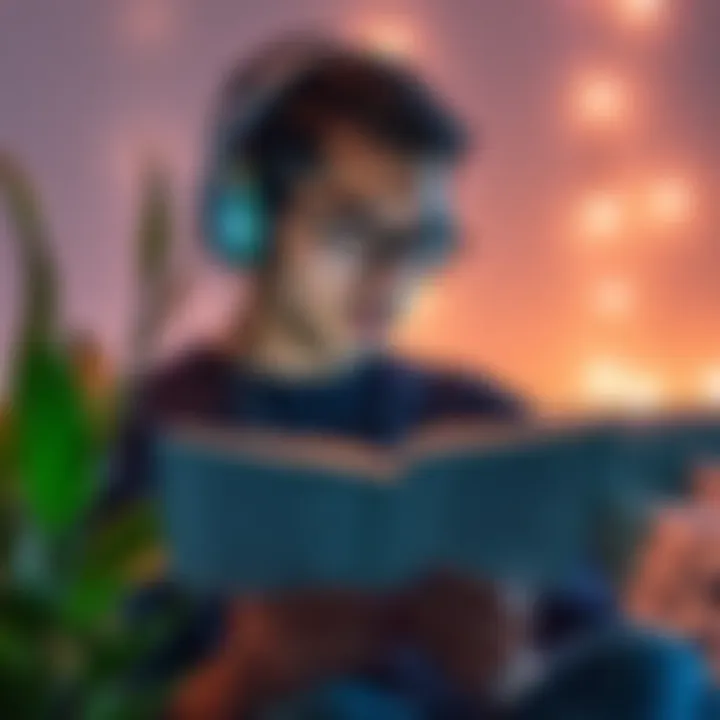 A person wearing headphones, focused on a notebook filled with positive affirmations, surrounded by calming visuals like plants and soft lights.