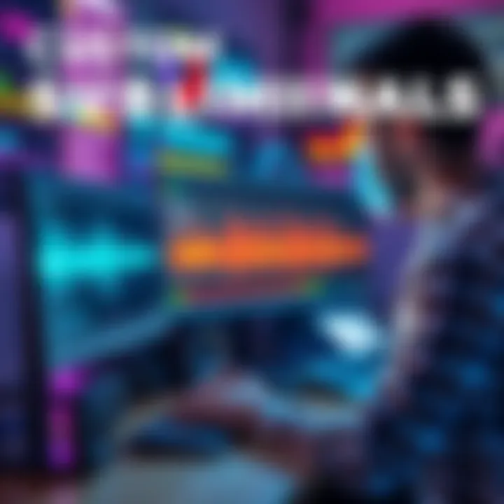 A person working on a computer, developing customized subliminal messages with audio waveforms and visual elements, highlighting the V1PER booster effects.