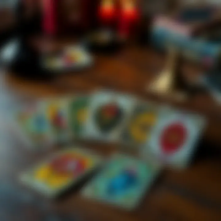 A colorful tarot deck displaying various back designs for the major arcana cards on a wooden table