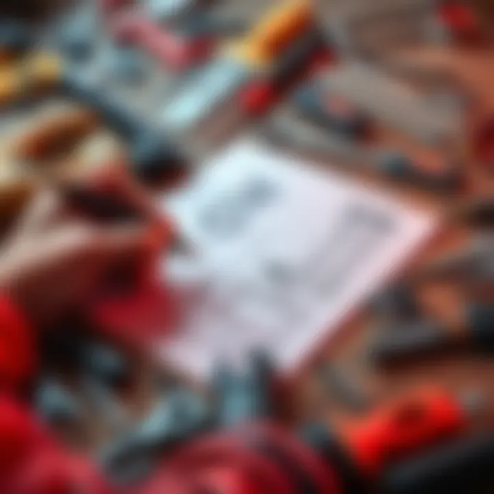 A person sketching a new tool design on paper with various tool parts scattered around.