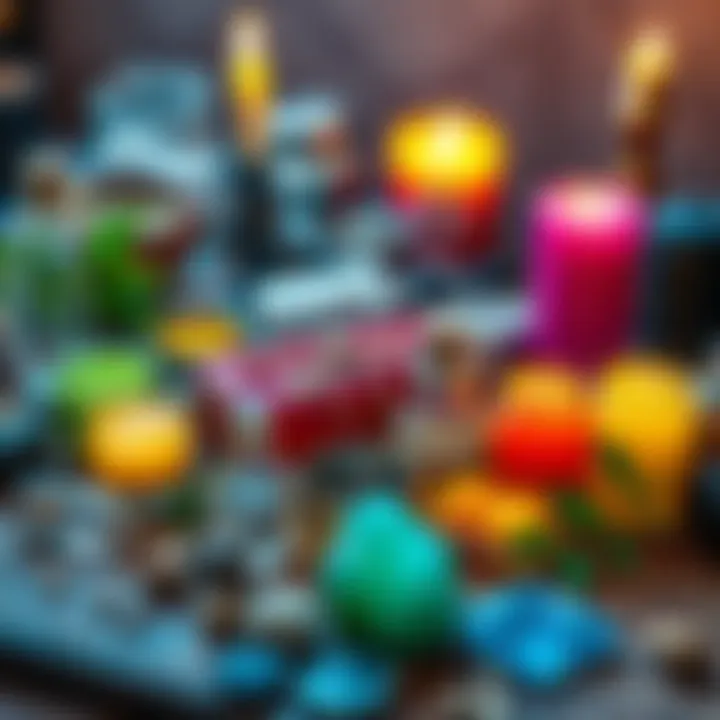 Customized love spell ingredients A variety of colorful ingredients for love spells, including herbs, candles, and crystals, arranged on a wooden table