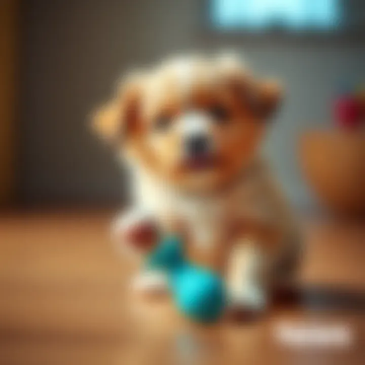 Cute puppy playing A small, fluffy puppy happily playing with a toy