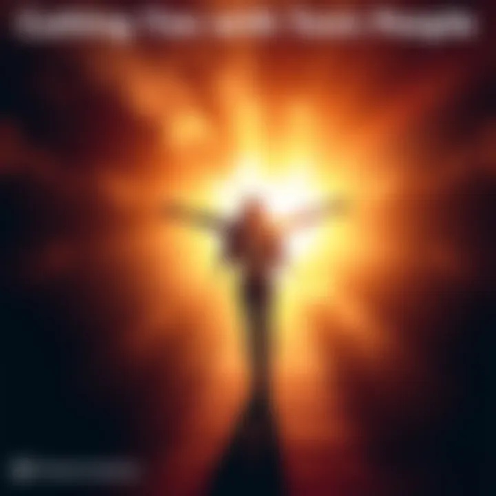 A person happily letting go of dark shadows representing toxic relationships while standing in a bright environment.