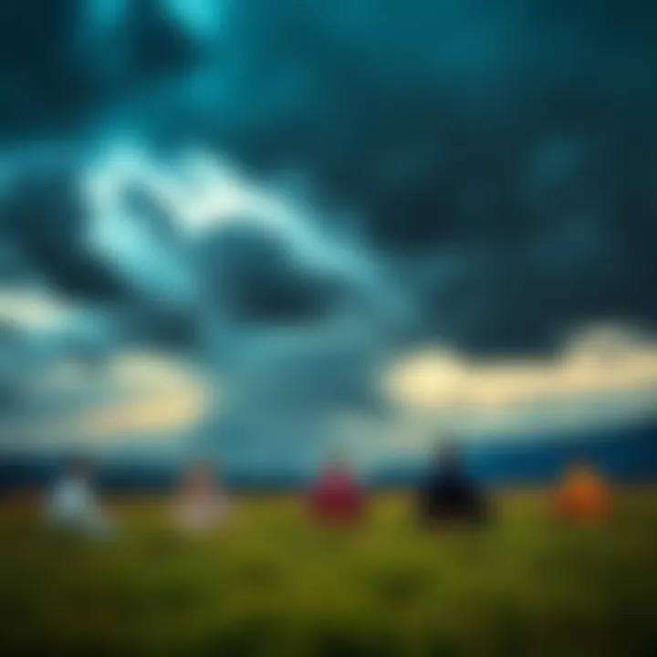 A serene scene showing people meditating in nature with dark storm clouds in the distance, representing the contrast between peace and suffering in life.