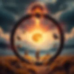 A conceptual image showing a cycle symbolizing life and suffering, with elements representing rebirth and philosophical reflection in a serene natural setting.