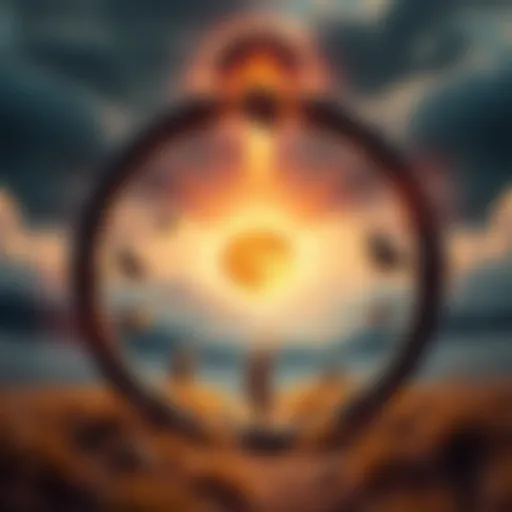 A conceptual image showing a cycle symbolizing life and suffering, with elements representing rebirth and philosophical reflection in a serene natural setting.