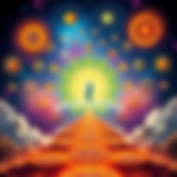 Symbols representing reincarnation, including a circular path and motifs of spiritual growth, with a backdrop of cosmic elements.