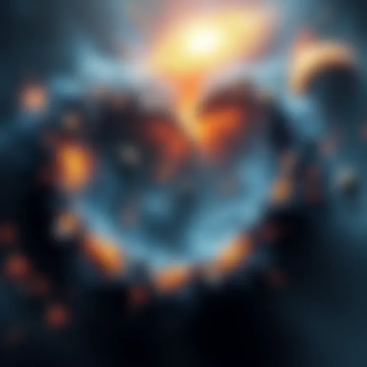 A cosmic representation showing the cycle of creation and destruction, with stars and galaxies forming and collapsing.