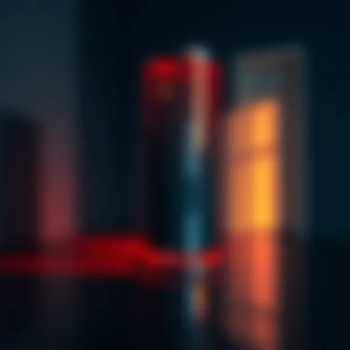 A cylinder reflecting light and casting shadows in a dimly lit environment