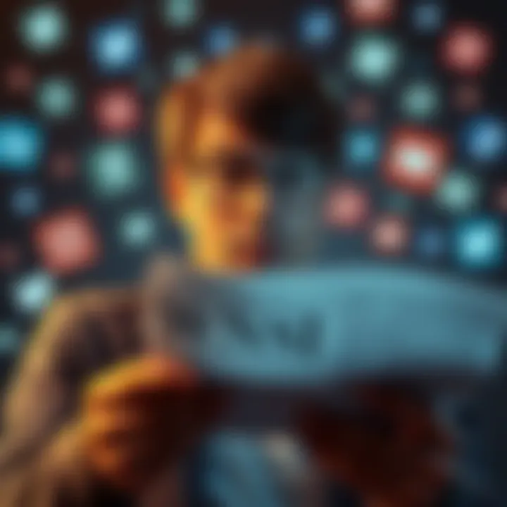 A person looking skeptical while reading a news article, surrounded by social media icons.