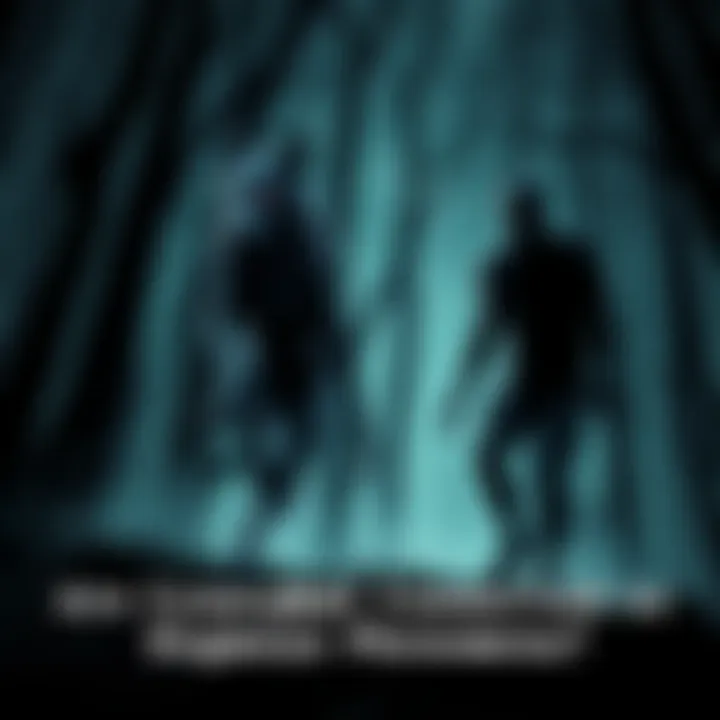 Illustration showing a Cynocephali, a humanoid canine figure, alongside a Dogman silhouette in a dark forest