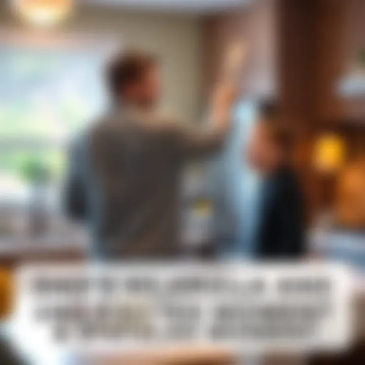 A father stands in the kitchen, humorously using a wooden spatula to scratch his back while his son looks on, surprised and amused.