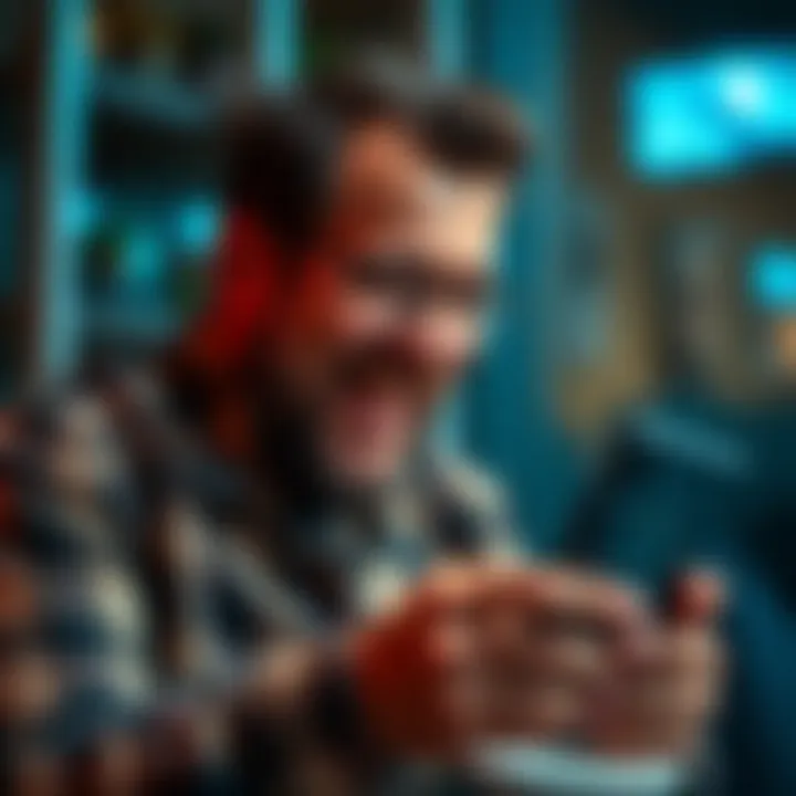 A dad laughing while typing a humorous message on his phone