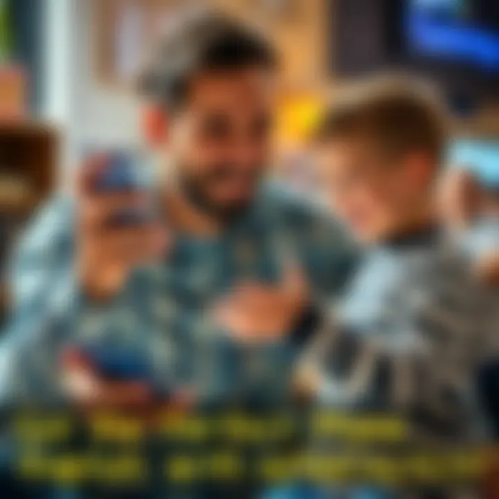 A father handing a new smartphone to a surprised child, symbolizing a joyful gift moment inspired by a playlist.