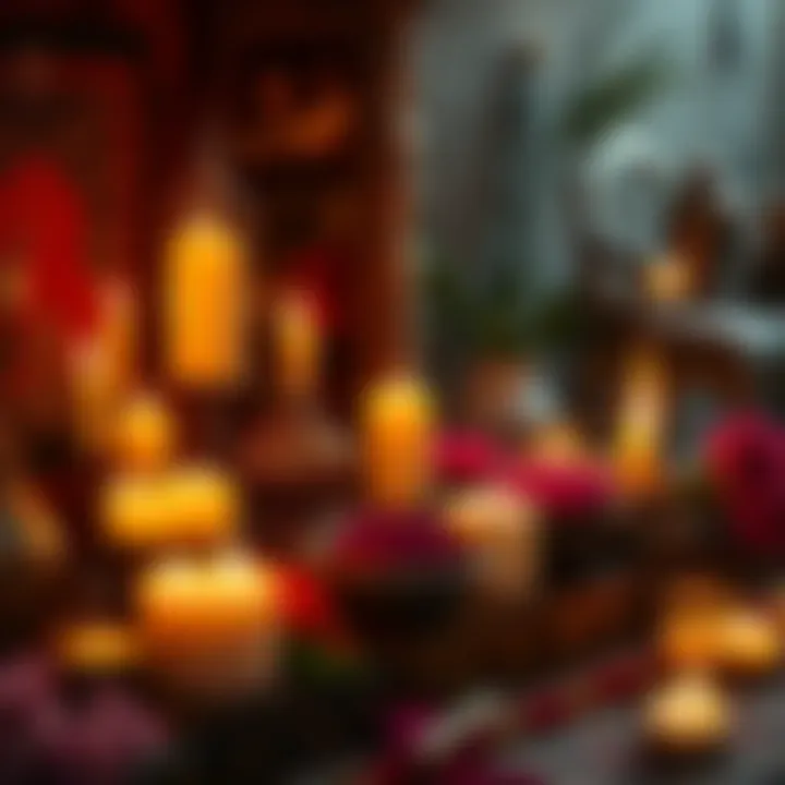 An altar filled with candles, fresh flowers, and incense, showcasing daily rituals to honor ancestors and enhance spirituality.