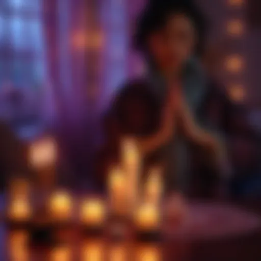 A person practicing mindfulness with candles and crystals on a table, embodying inner magic in a cozy setting.